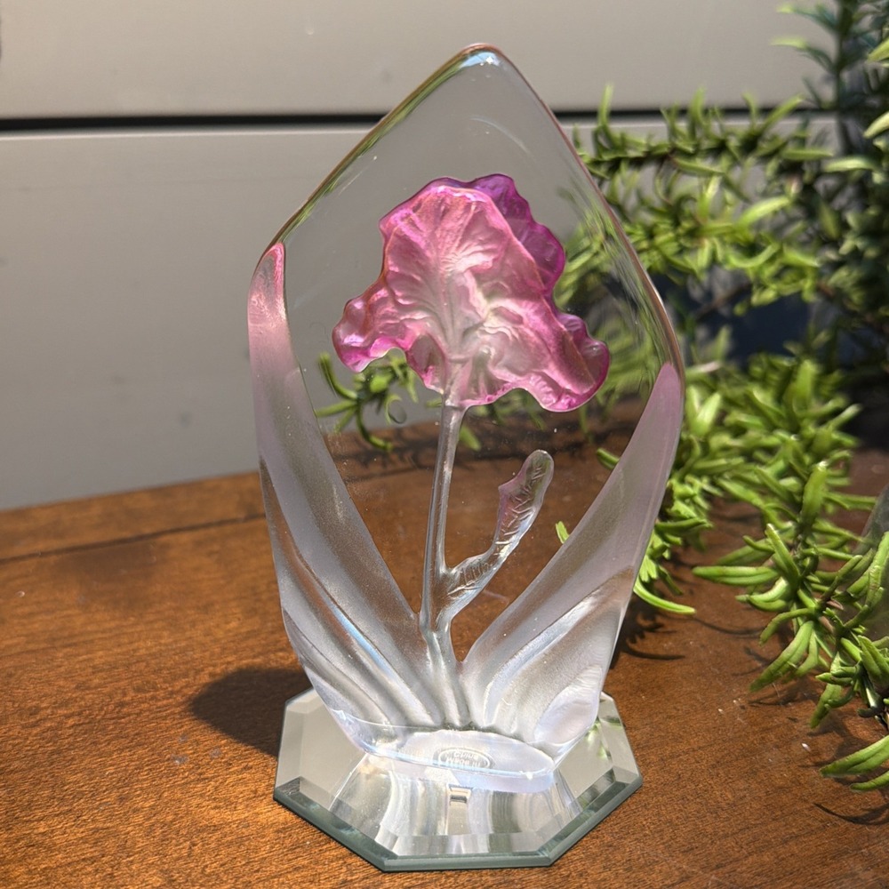 Mats Jonasson Etched Pink Iris 3D. Glass Paperweight 5"